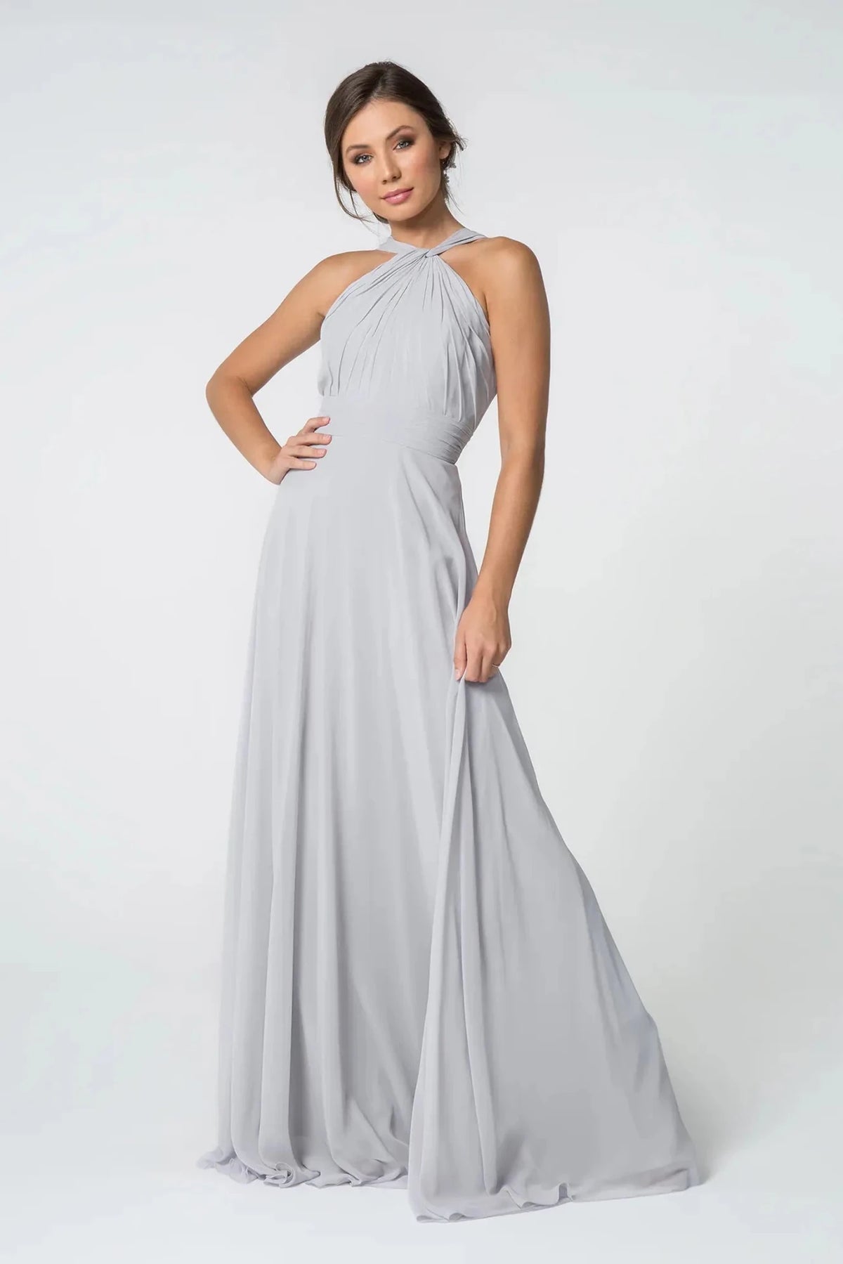 Silver chiffon prom evening dress full front