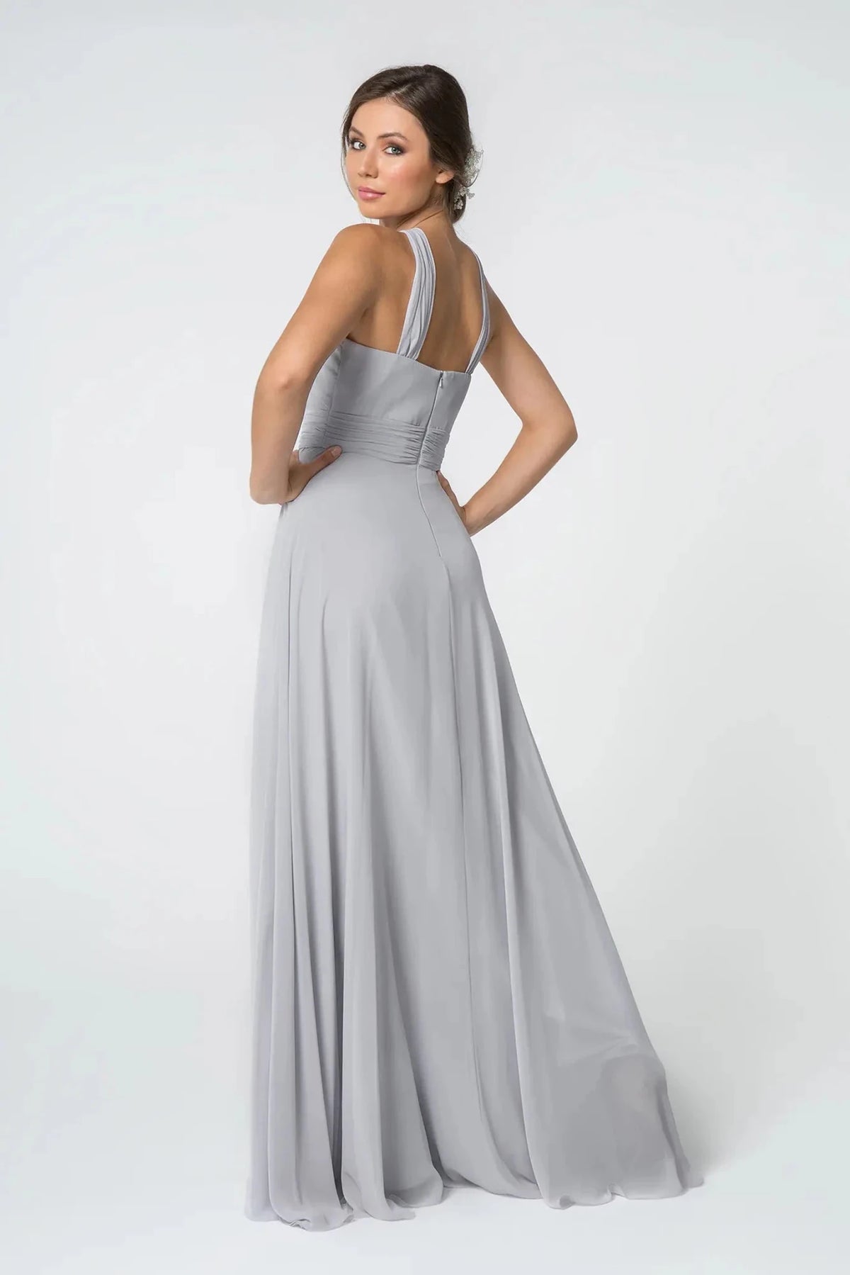 Silver prom evening dress full back with back detail