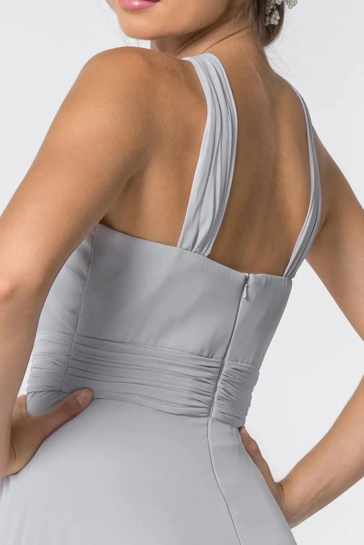 Silver prom evening dress a-line skirt detail