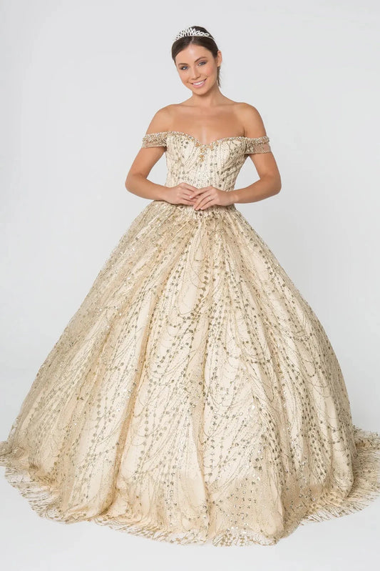 Full-length Champagne quinceañera ball gown showcases an off-shoulder neckline and vertical gold sequin pattern.