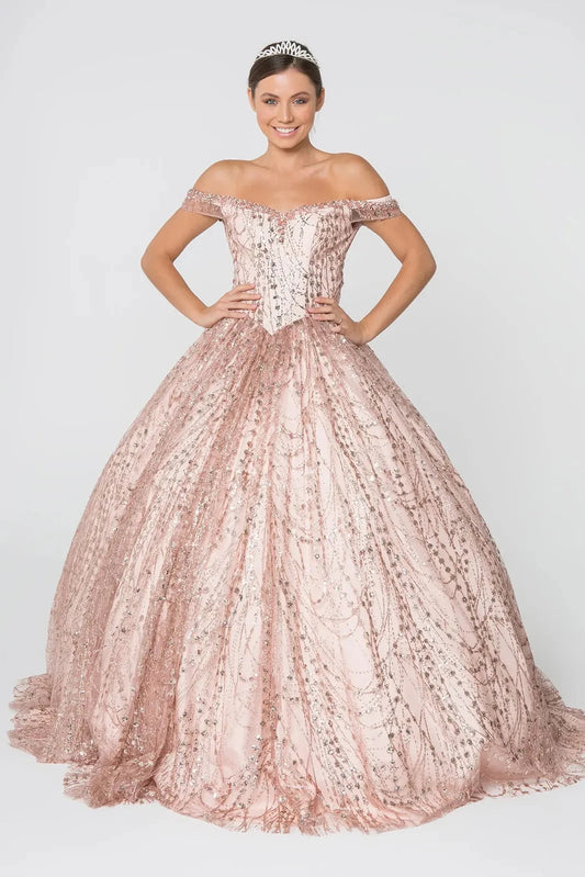 The Rose Gold quinceañera ball gown appears head to toe with an off-shoulder corset and rose-gold sequin ball skirt.