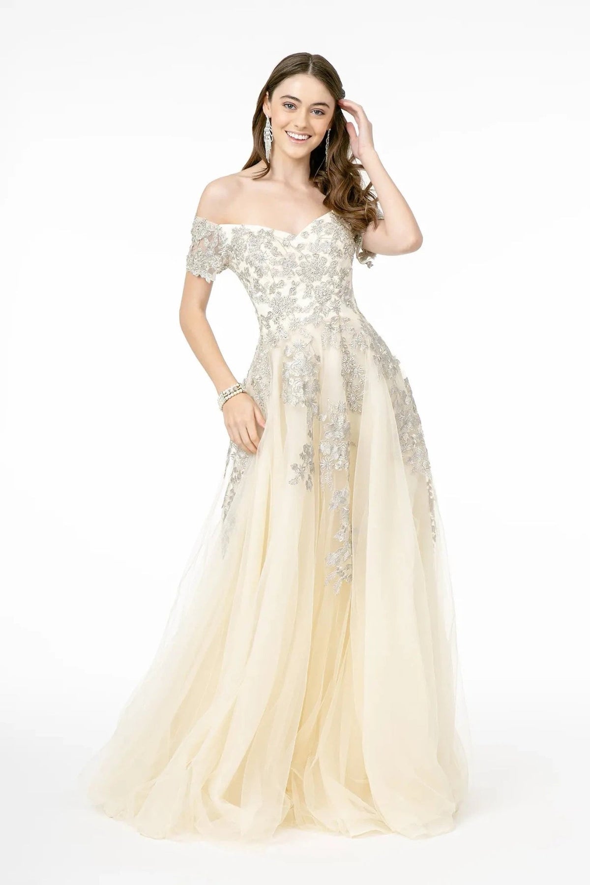 Champagne beading embellished embroidery floral formal dress front bodice view