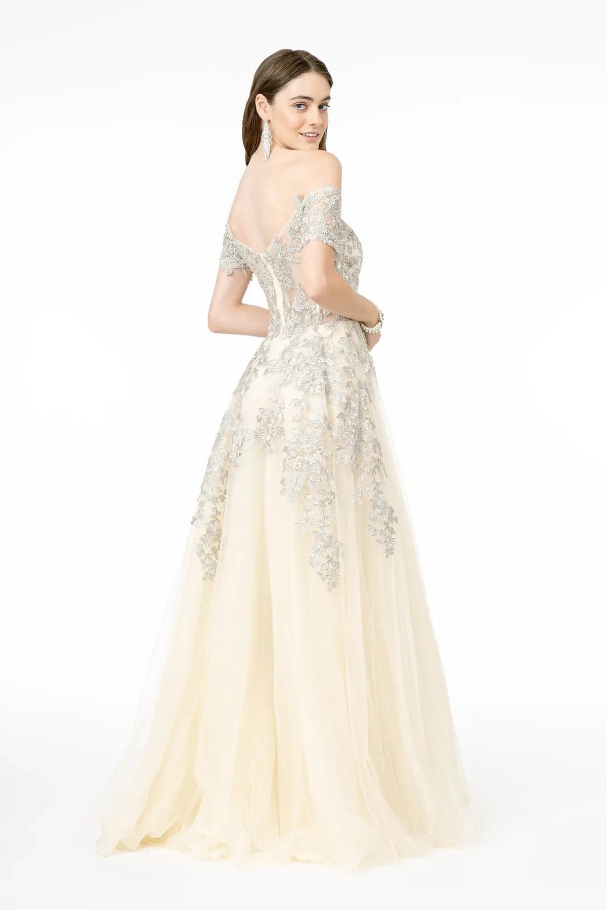 Champagne beading embellished embroidery floral formal dress back bodice detail