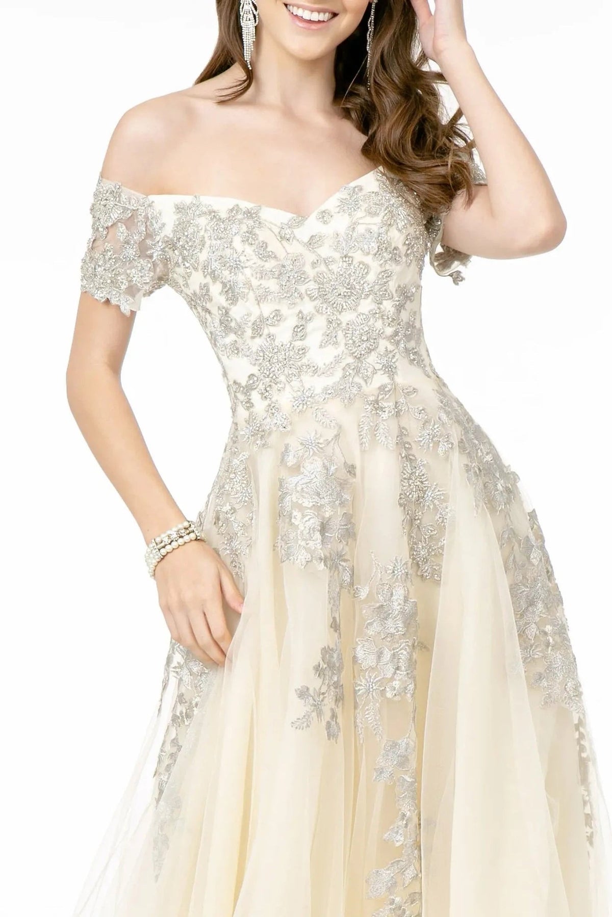 Champagne beading embellished embroidery floral formal dress side detail