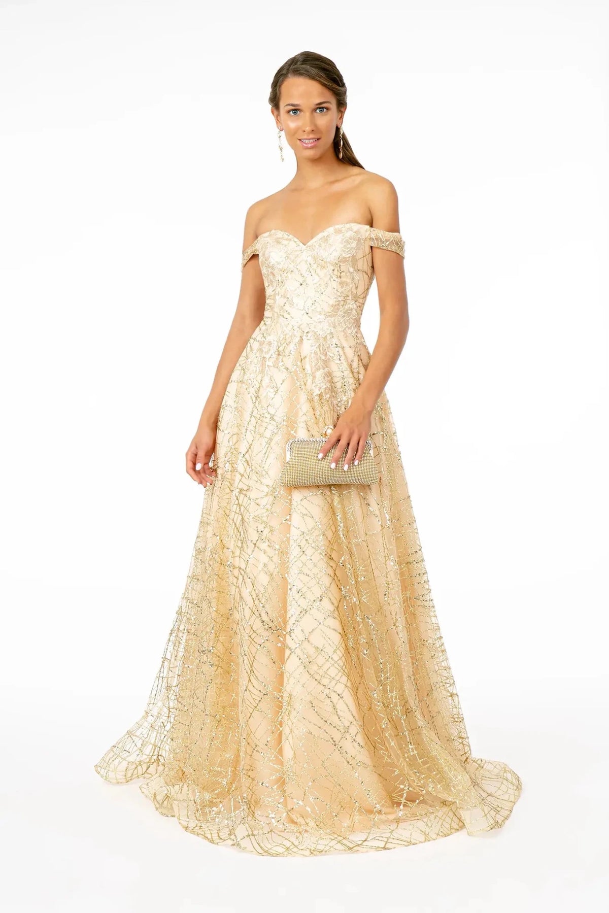 Champagne embroidered prom evening dress full front