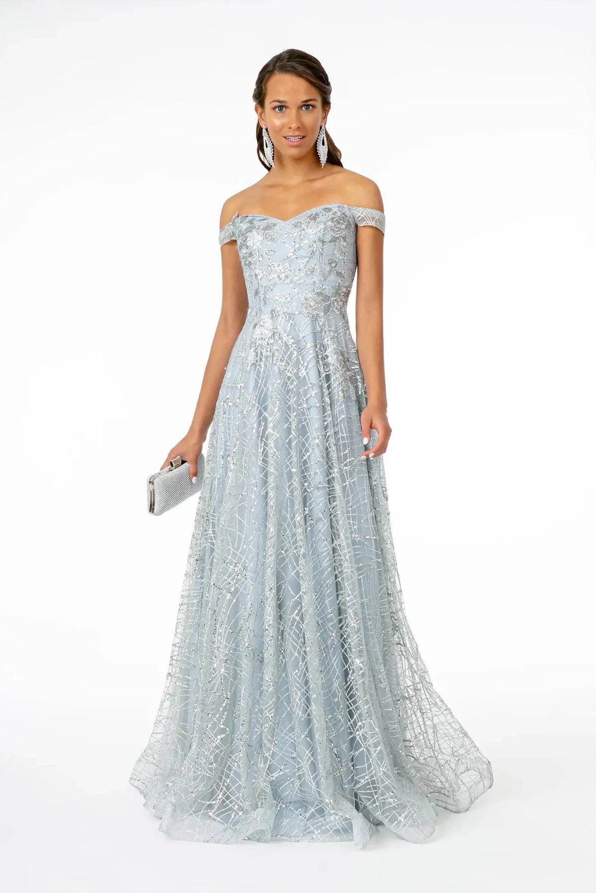 Full-length front view shows embroidered styling on the Silver prom evening dress.