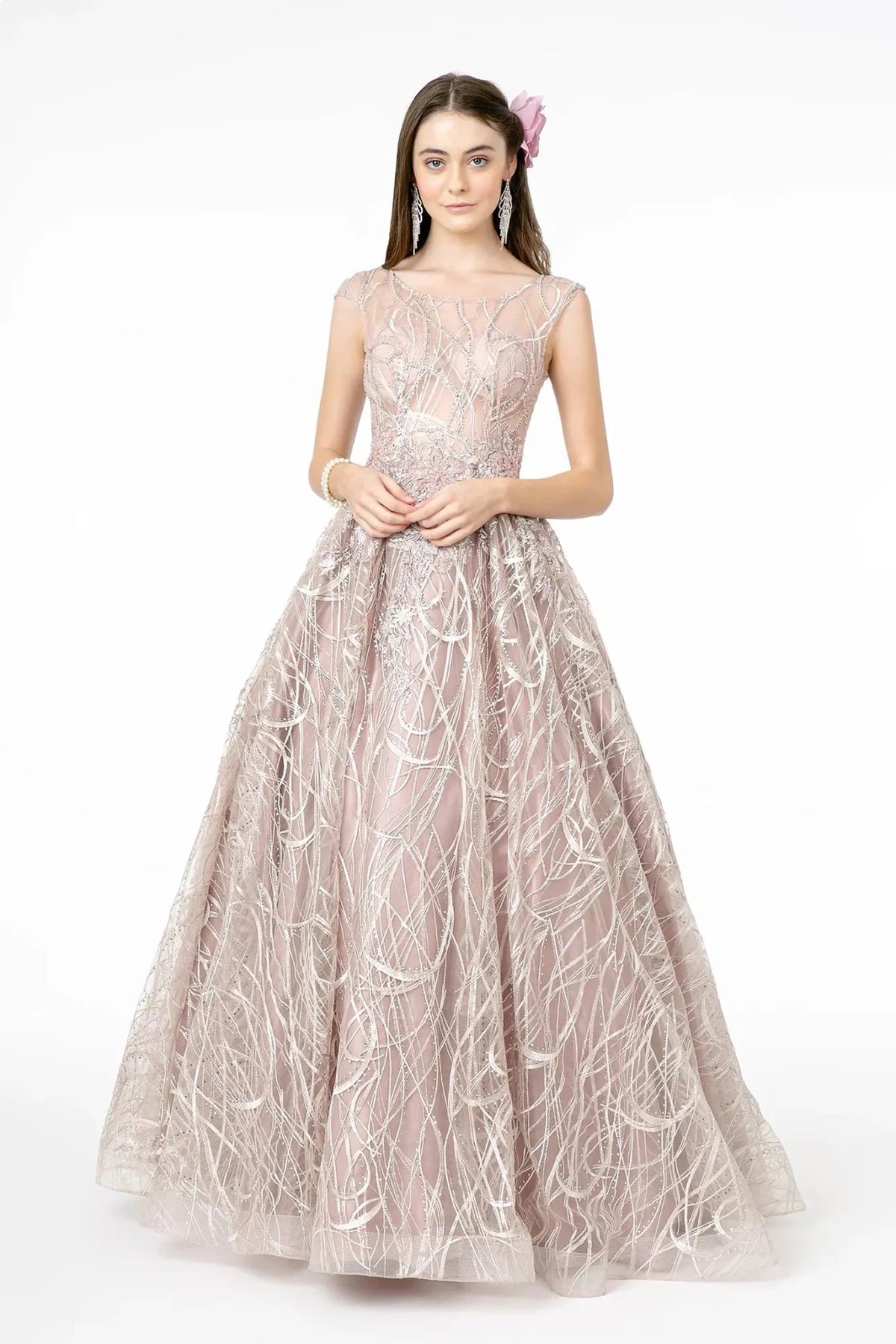 Mauve embroidered cap-sleeve prom evening dress full front