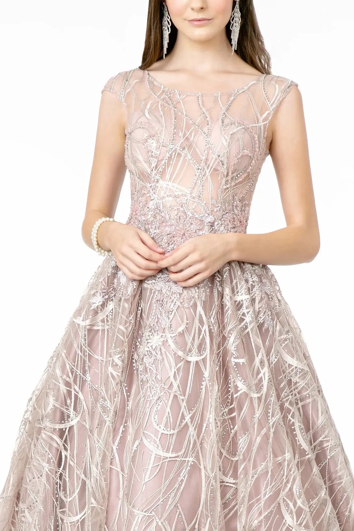 Mauve prom evening dress full back with sheer back