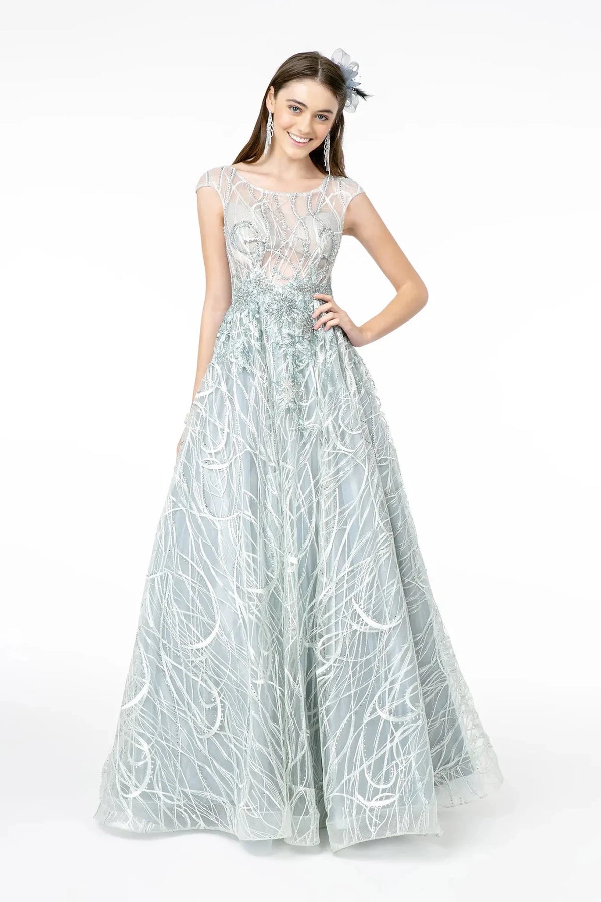 Silver embroidered cap-sleeve prom evening dress full front