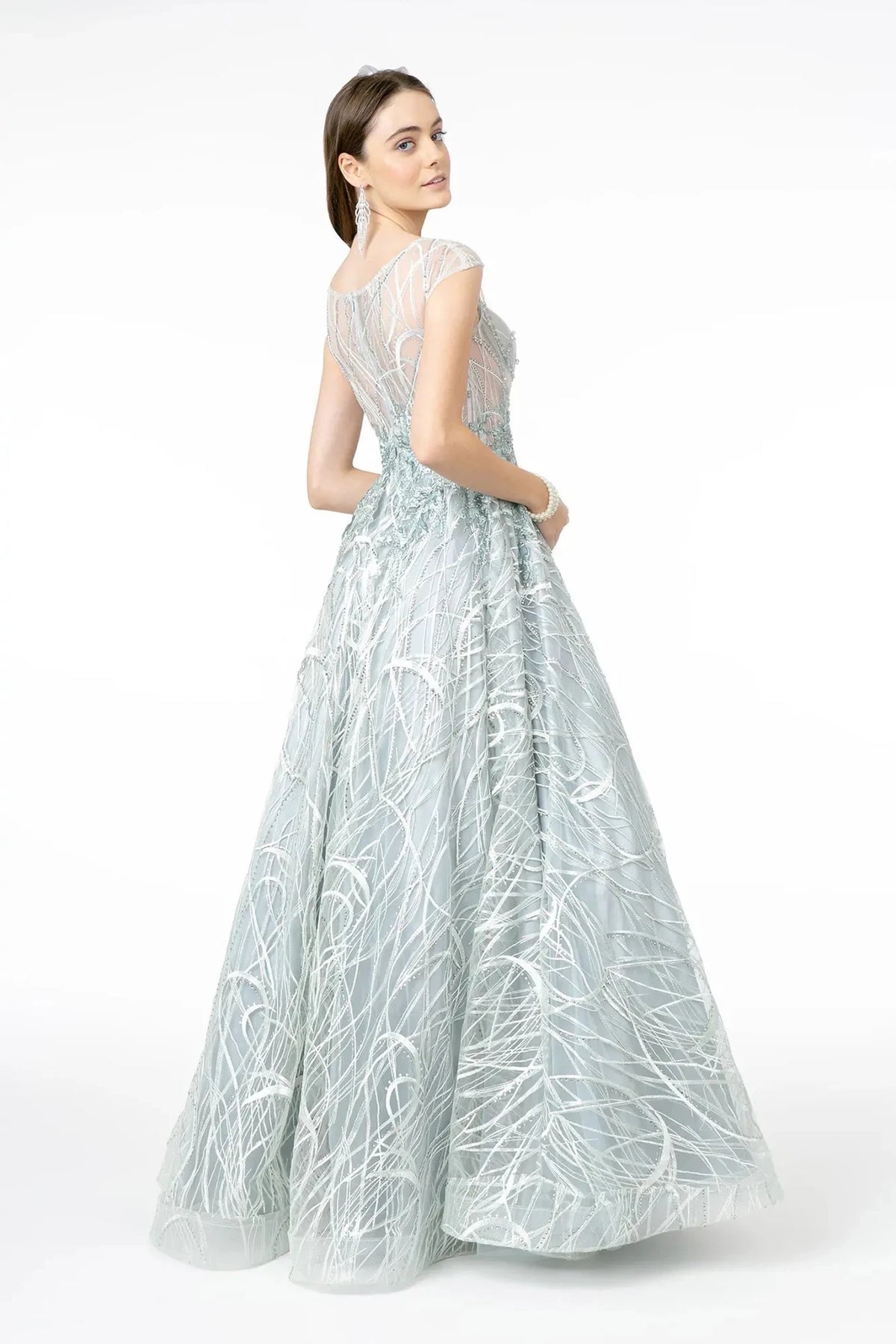 Silver prom evening dress full back with sheer back