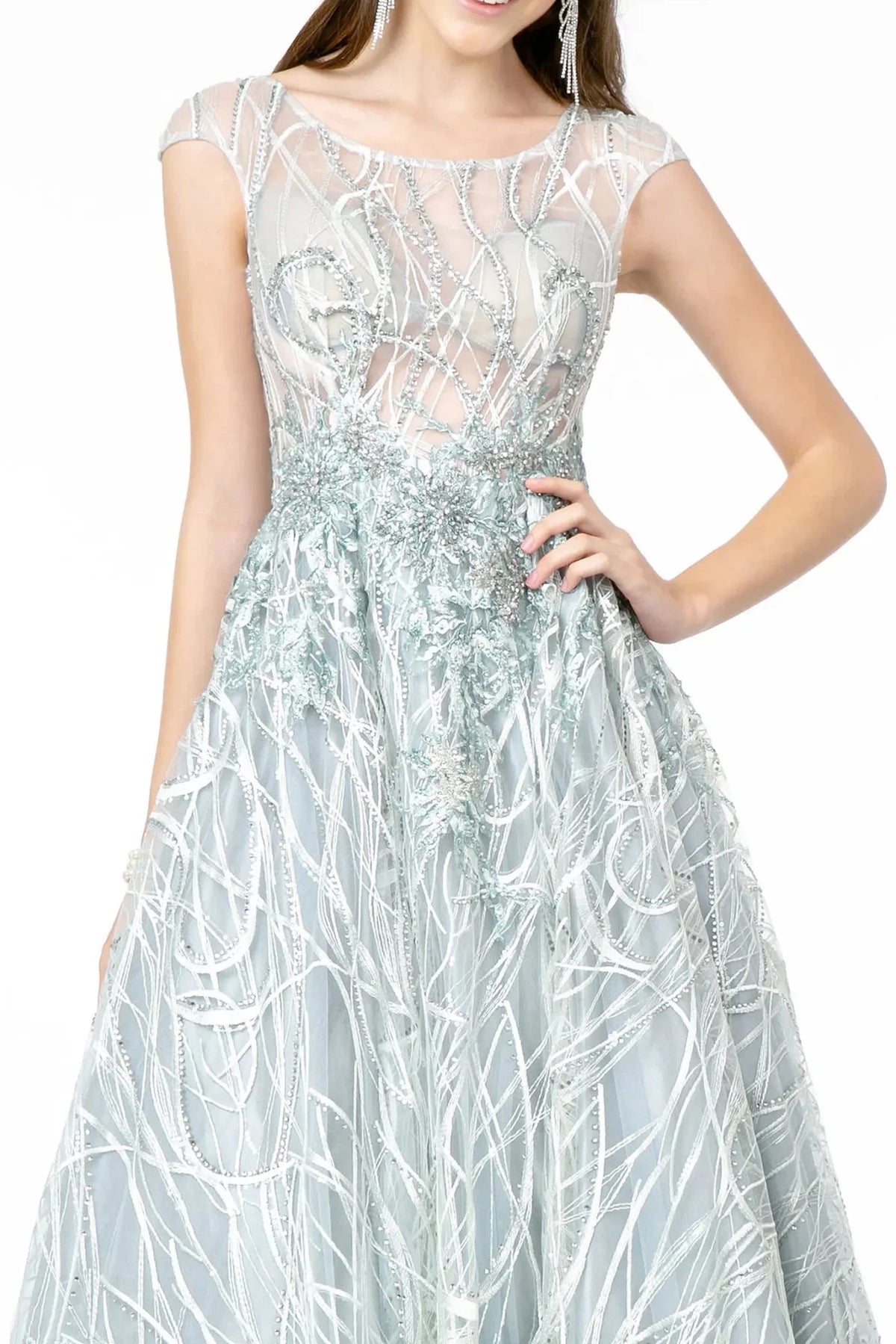 Silver prom evening dress a-line skirt detail