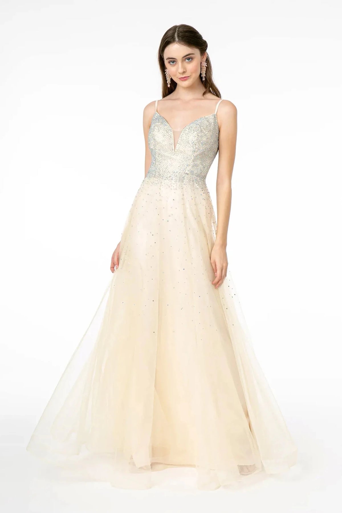 Champagne beaded prom evening dress full front
