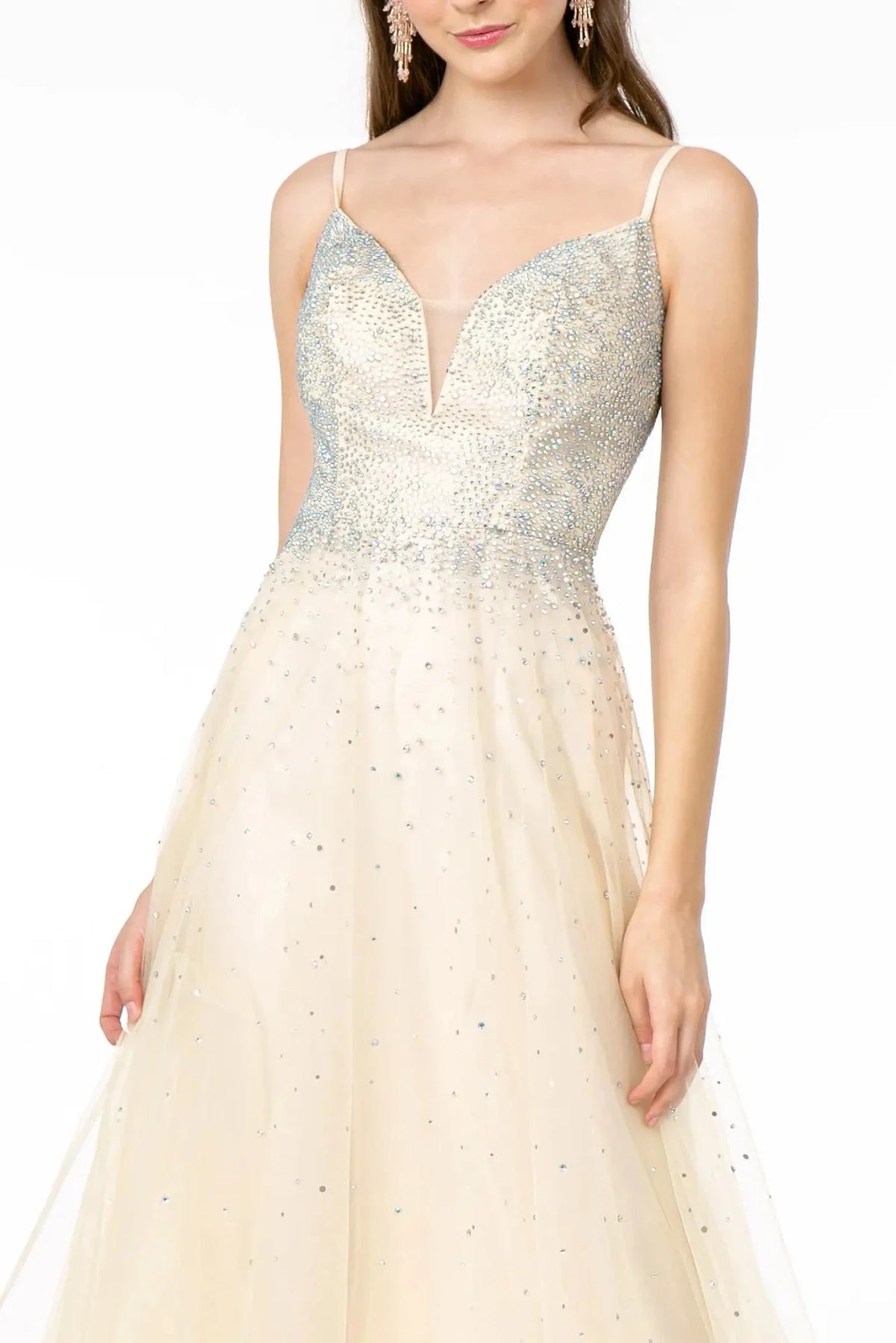 Champagne prom evening dress full back with back detail