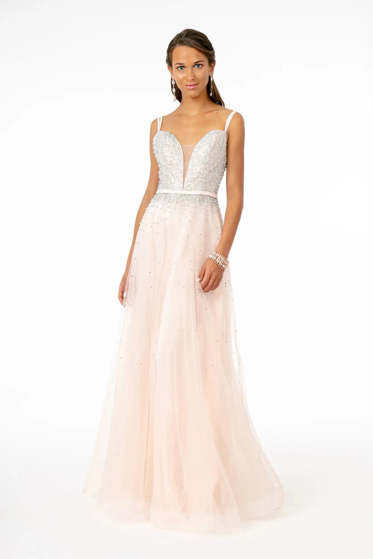 Blush beaded prom evening dress full front