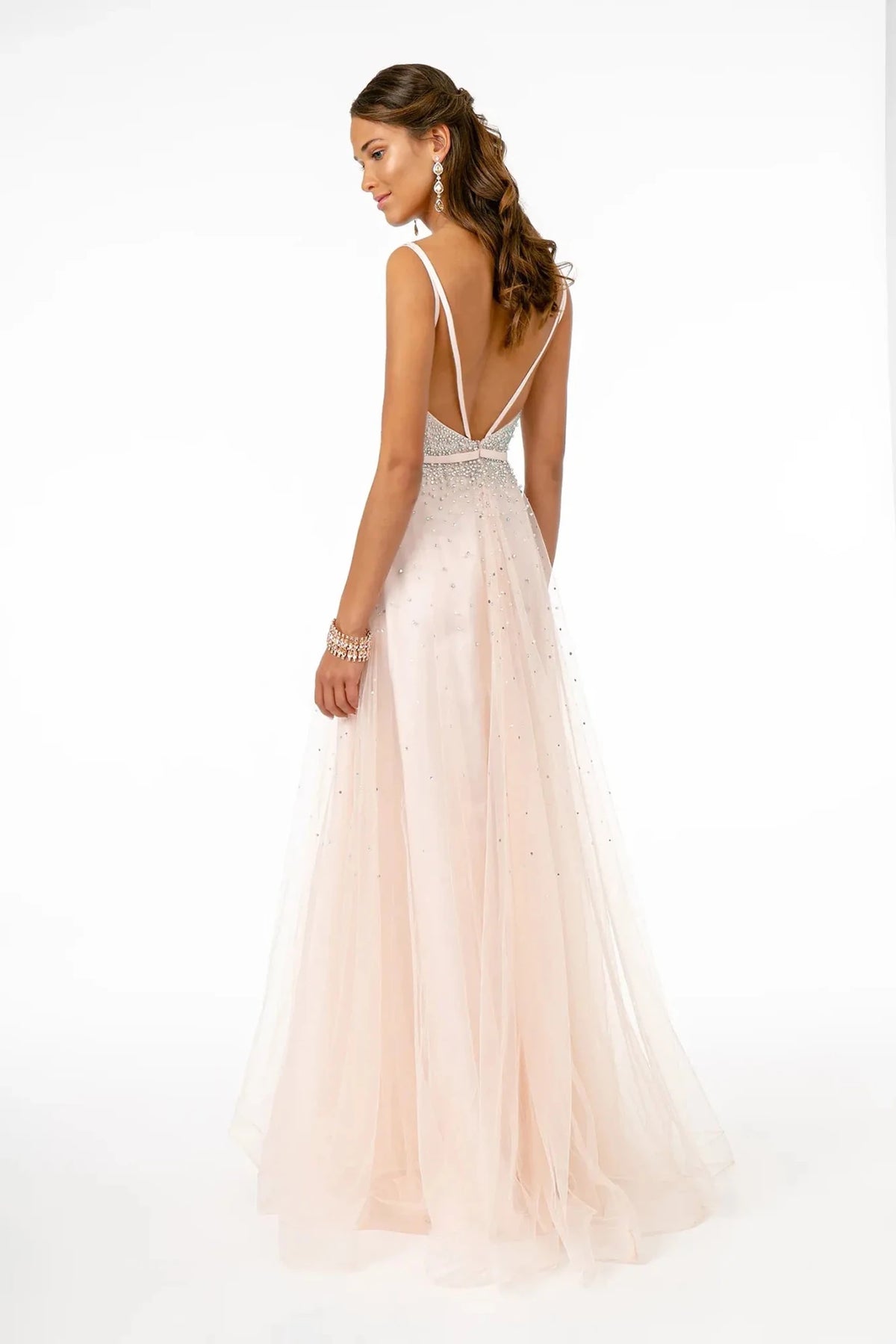 Blush prom evening dress full back with open back
