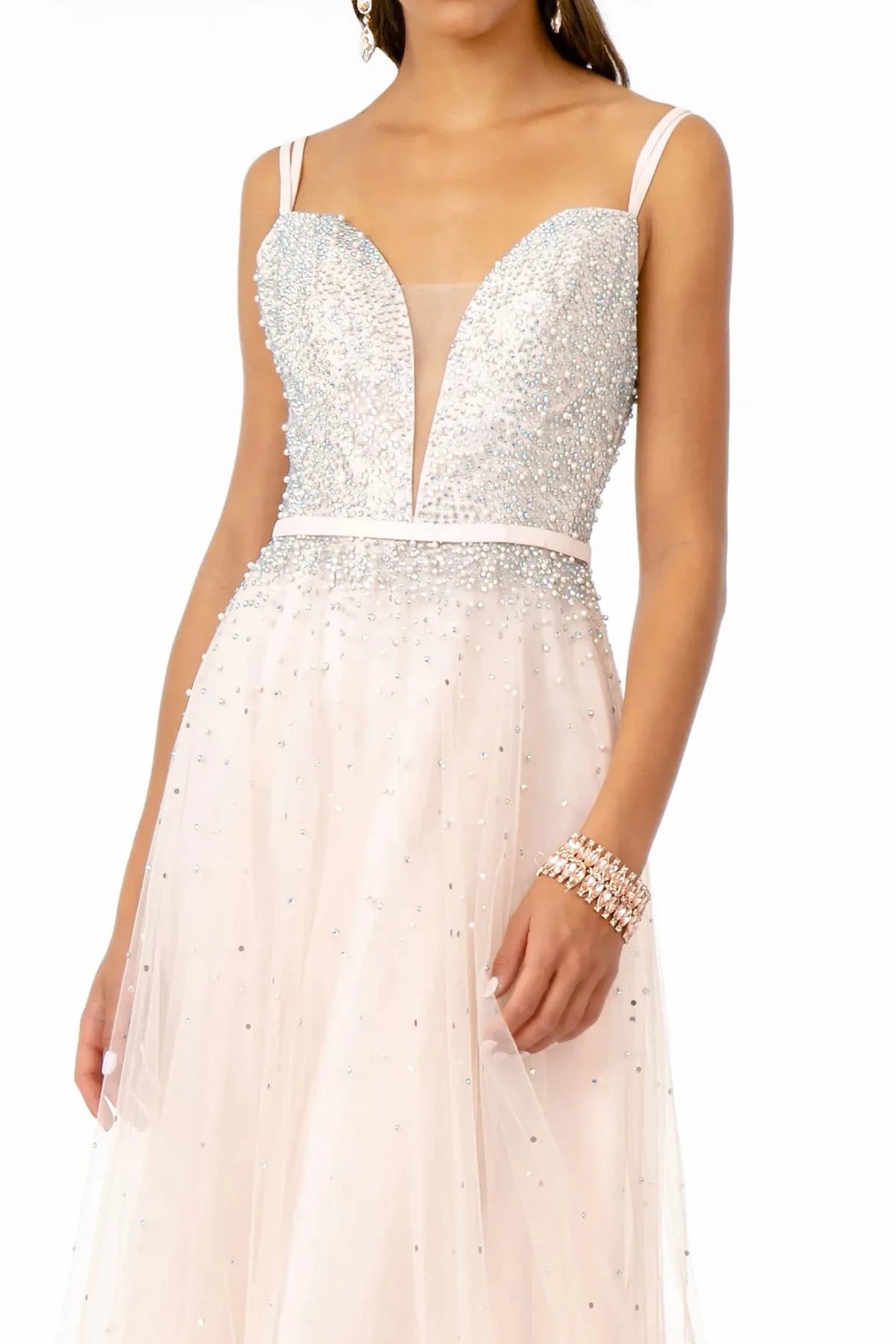 Blush sweetheart prom evening dress upper front with jewel