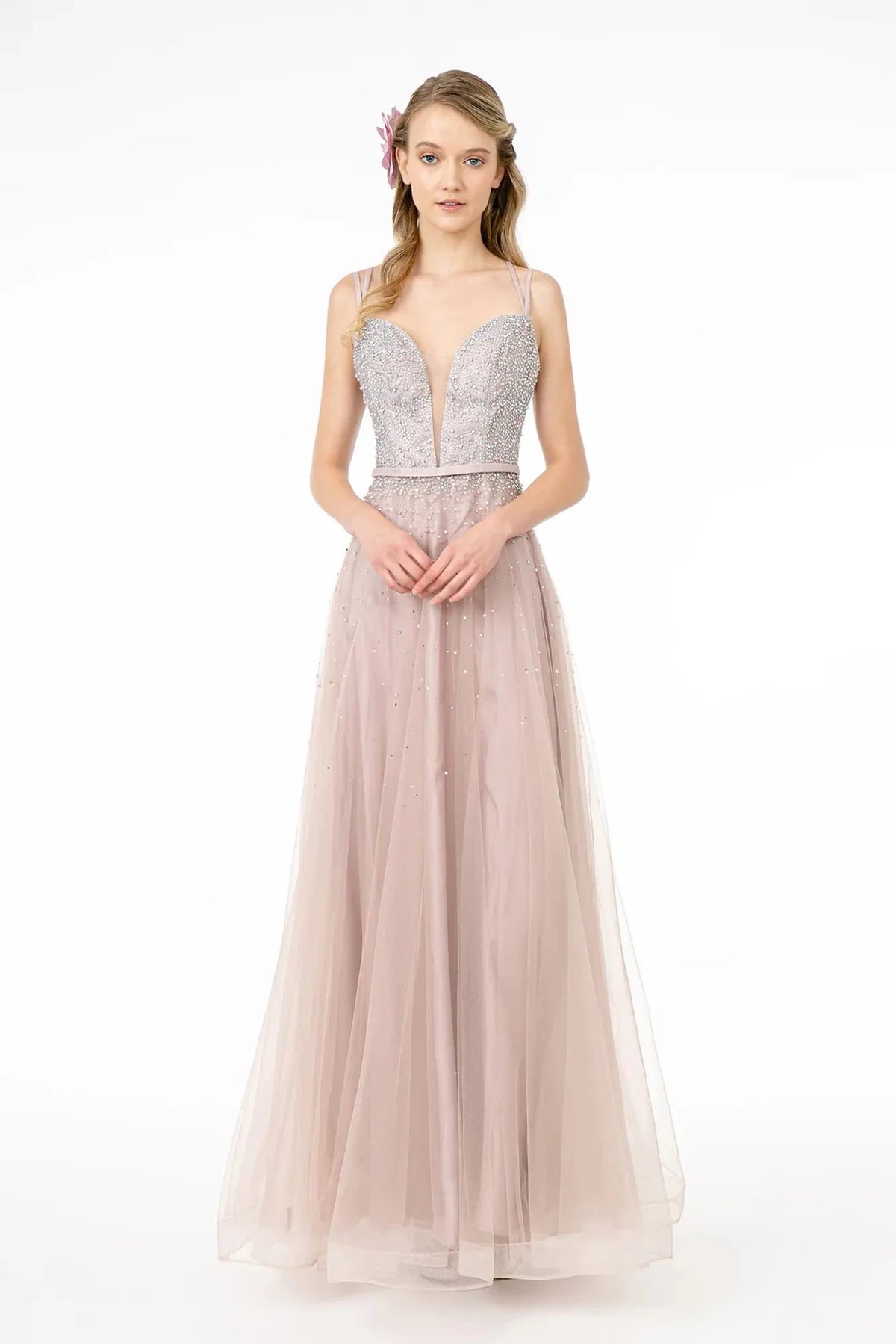 Mauve beaded prom evening dress full front