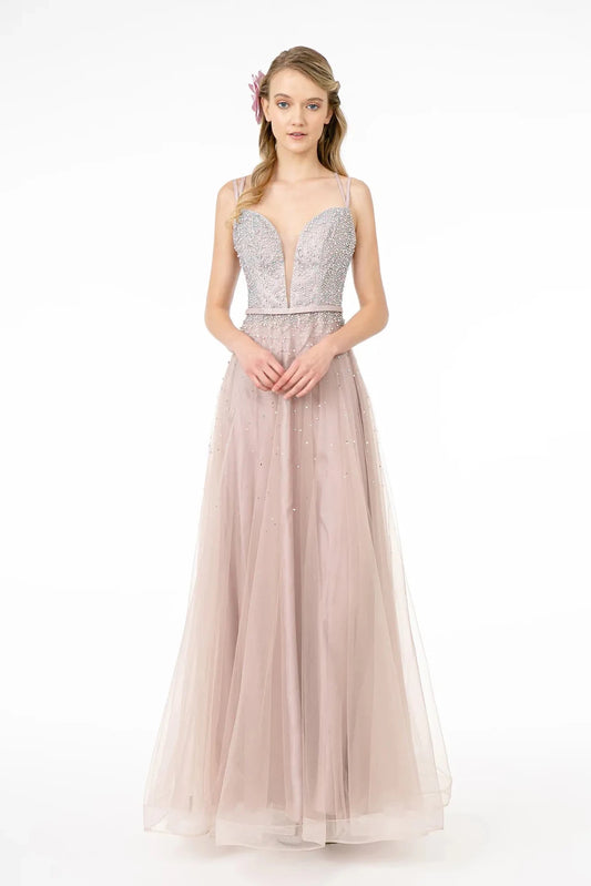 Full-length front view shows beaded styling on the Mauve prom evening dress.