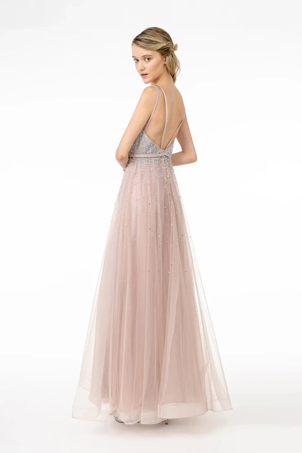Mauve prom evening dress full back with open back