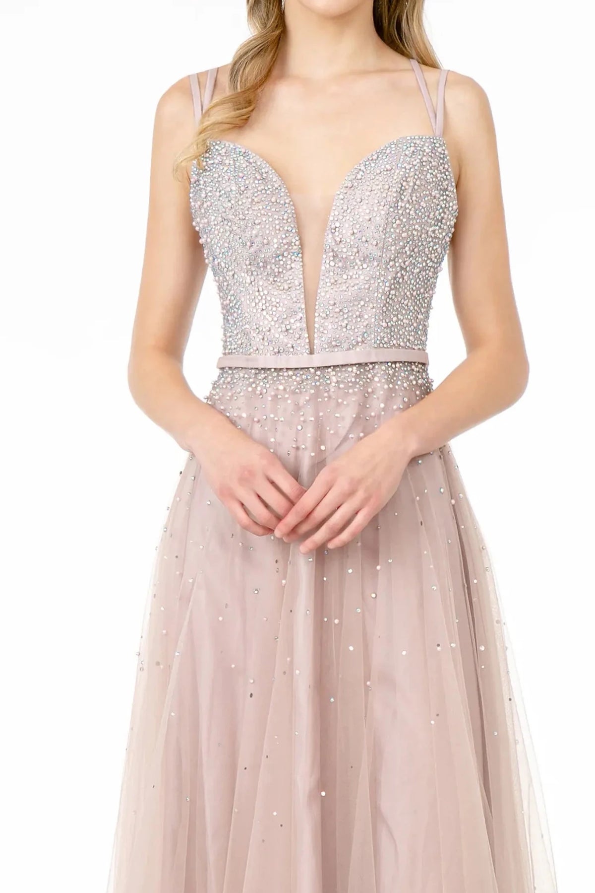 Mauve sweetheart prom evening dress upper front with jewel