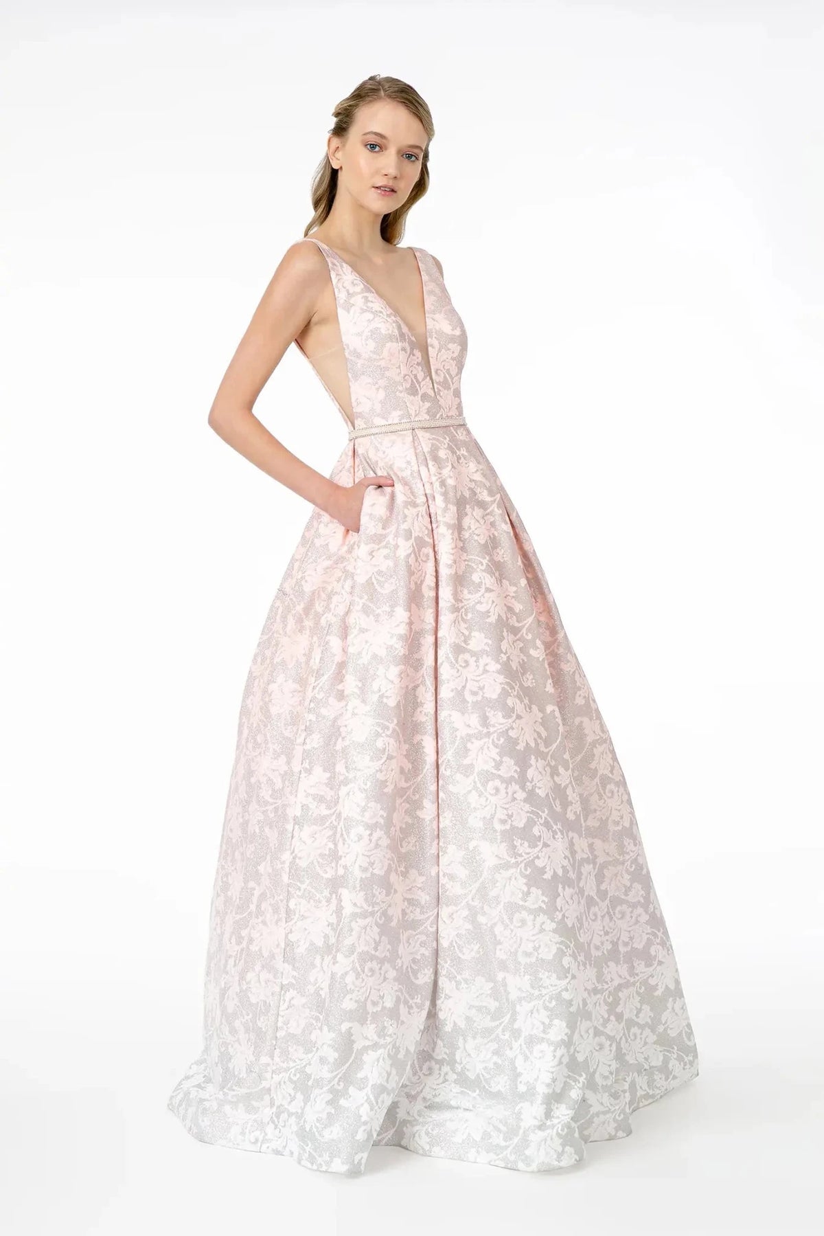 Blush beaded prom evening dress full front