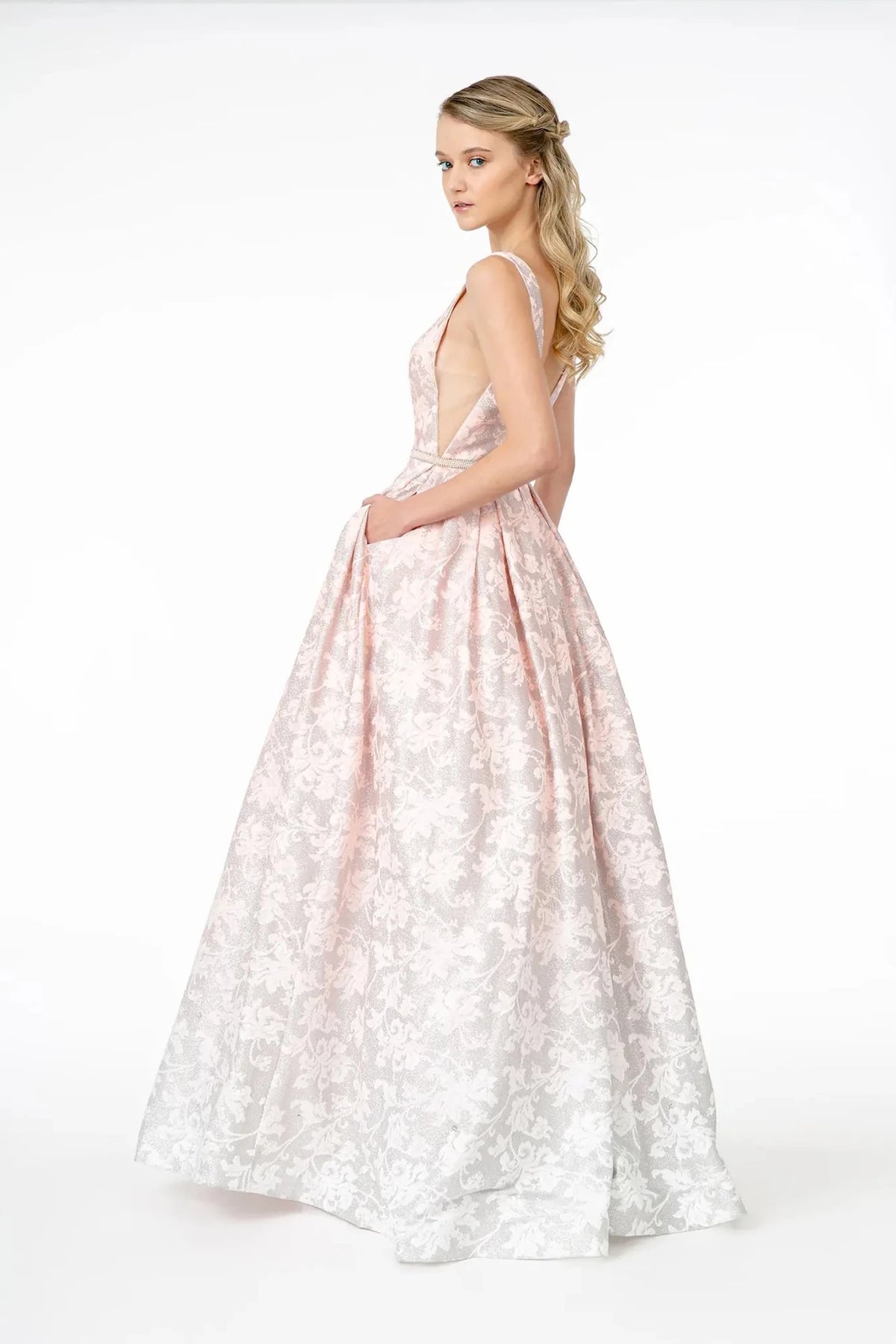 Blush prom evening dress full back with open back