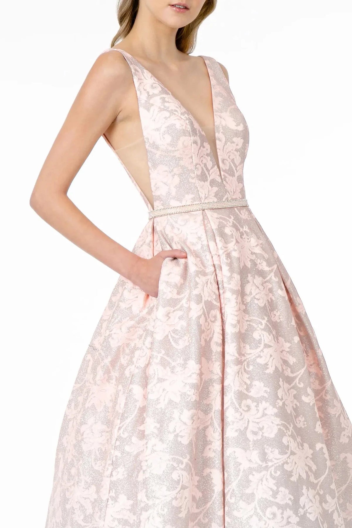 Blush illusion v-neck prom evening dress upper front with jewel, sheer detail, v-neck