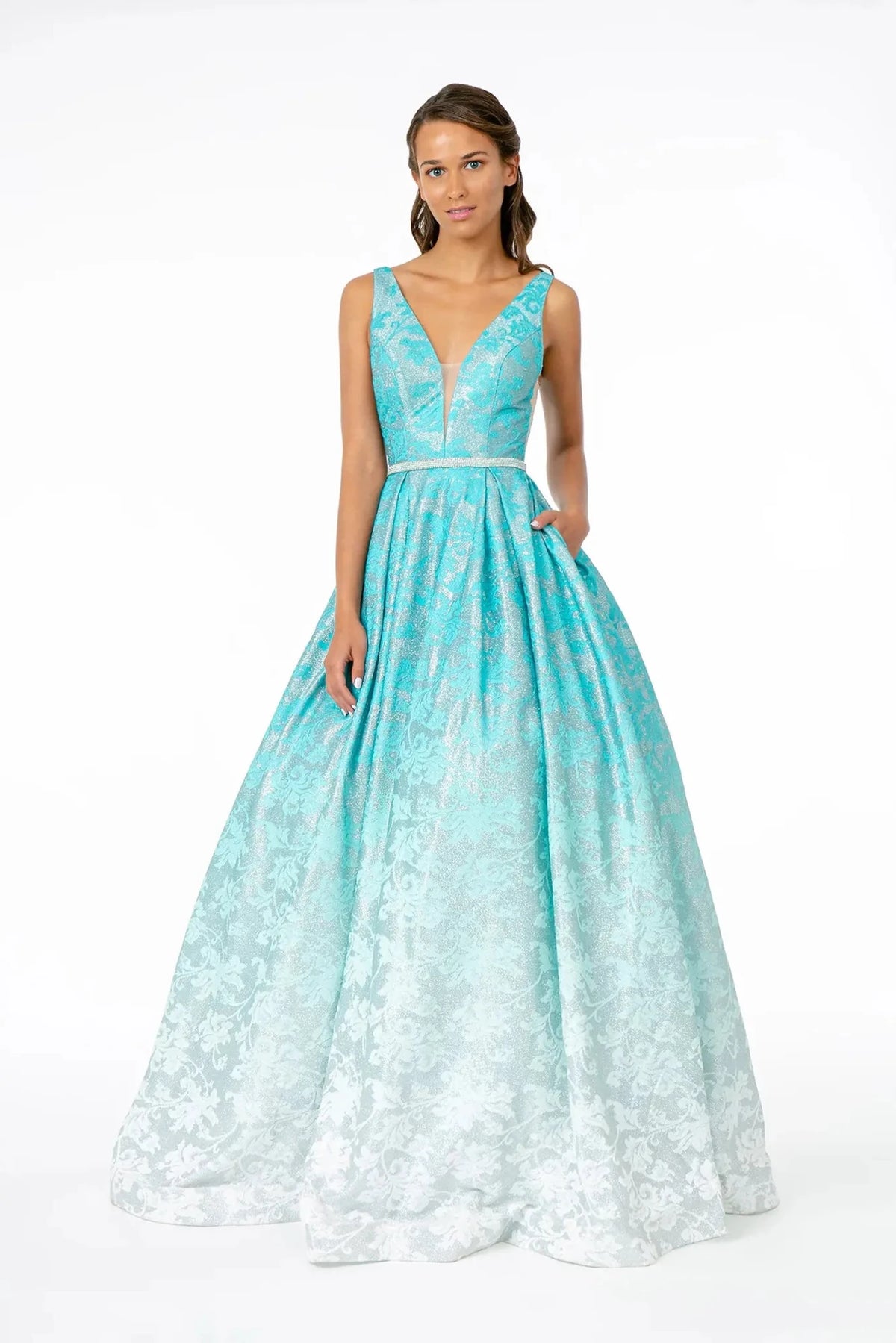Full-length front view shows beaded styling on the Mint prom evening dress.