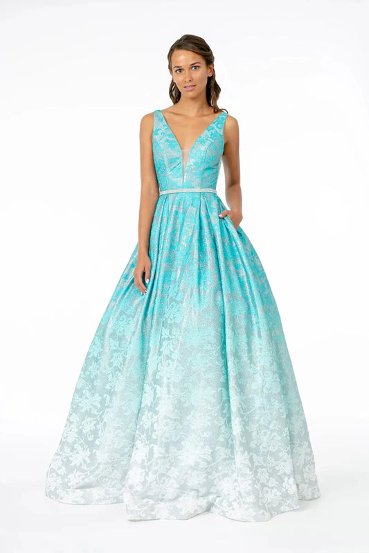 Full-length front view shows beaded styling on the Mint prom evening dress.