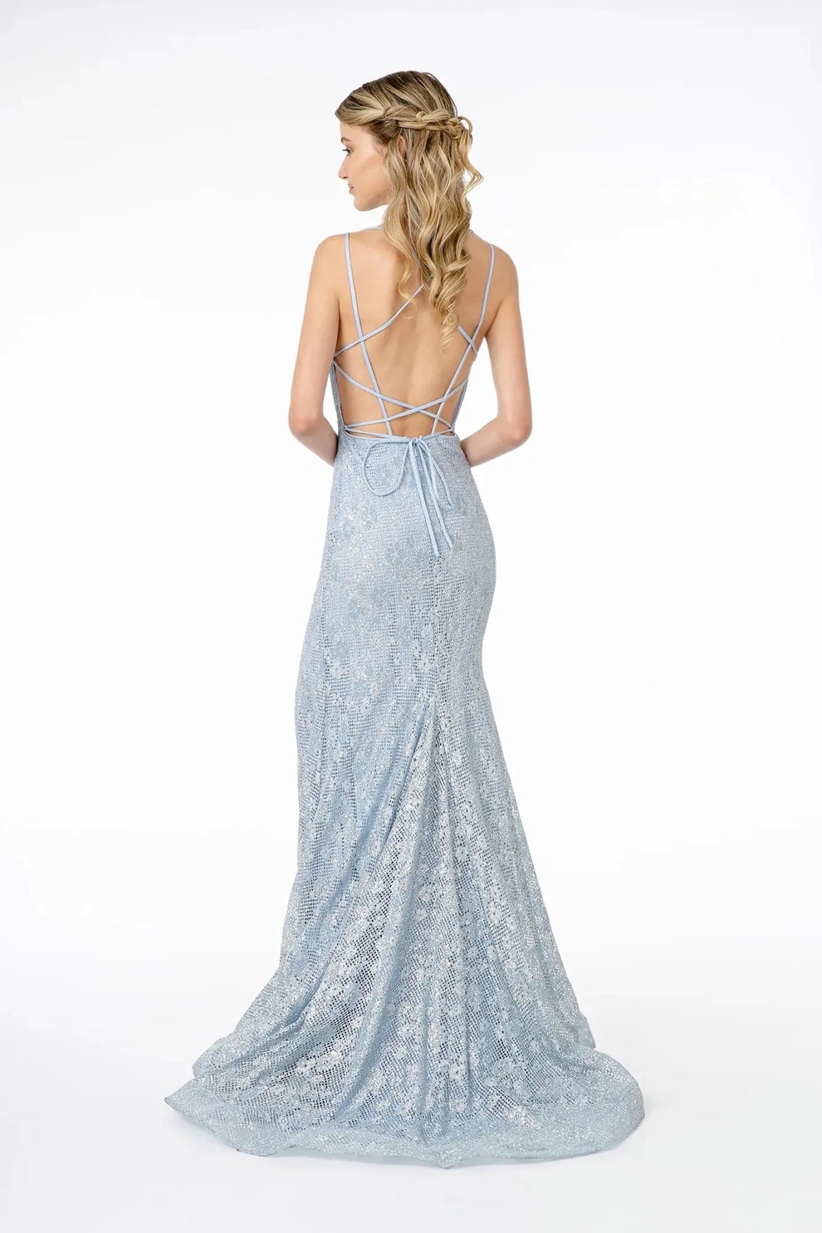 Blue prom evening dress full back with open back