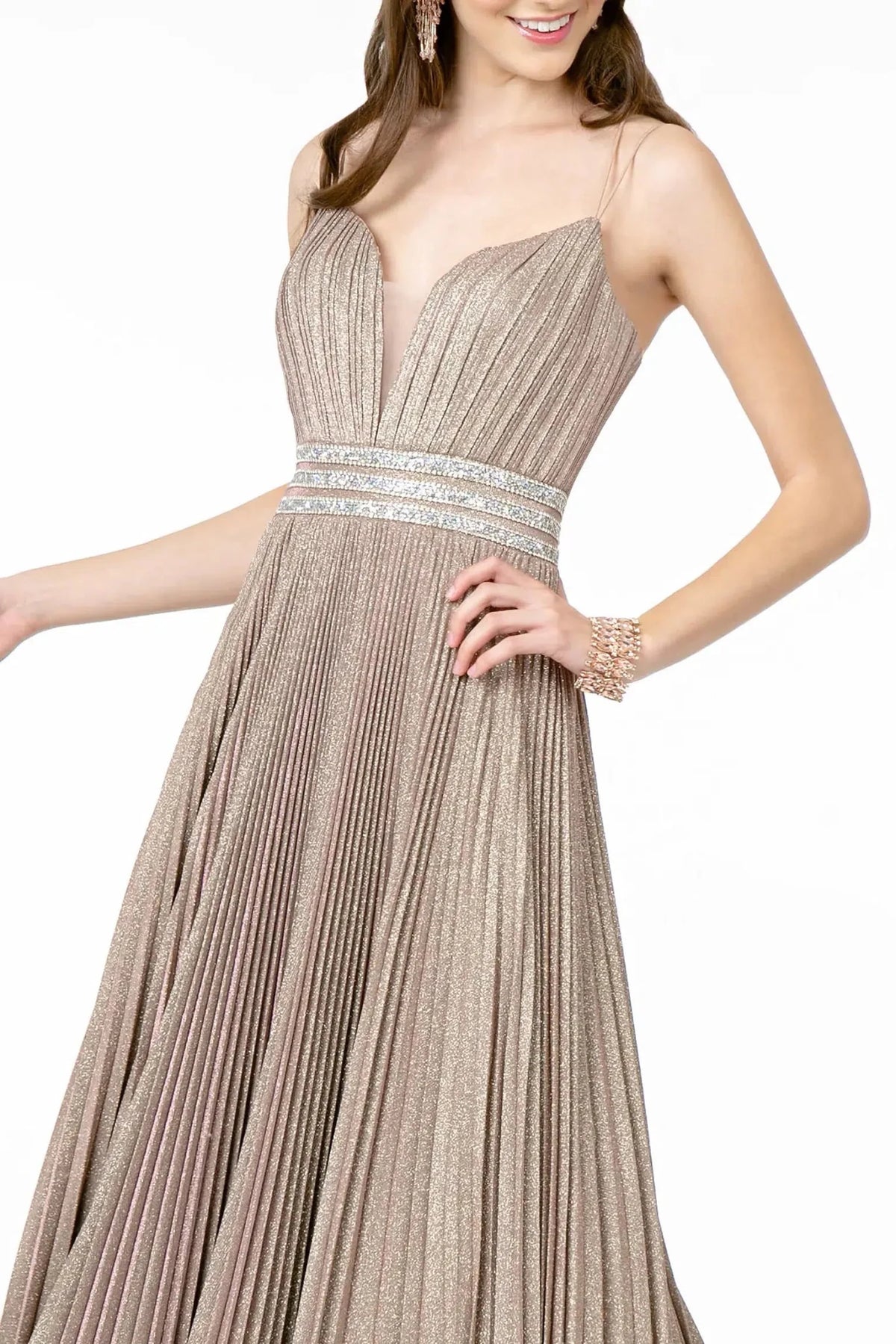 Mauve illusion v-neck prom evening dress upper front with glitter, jewel