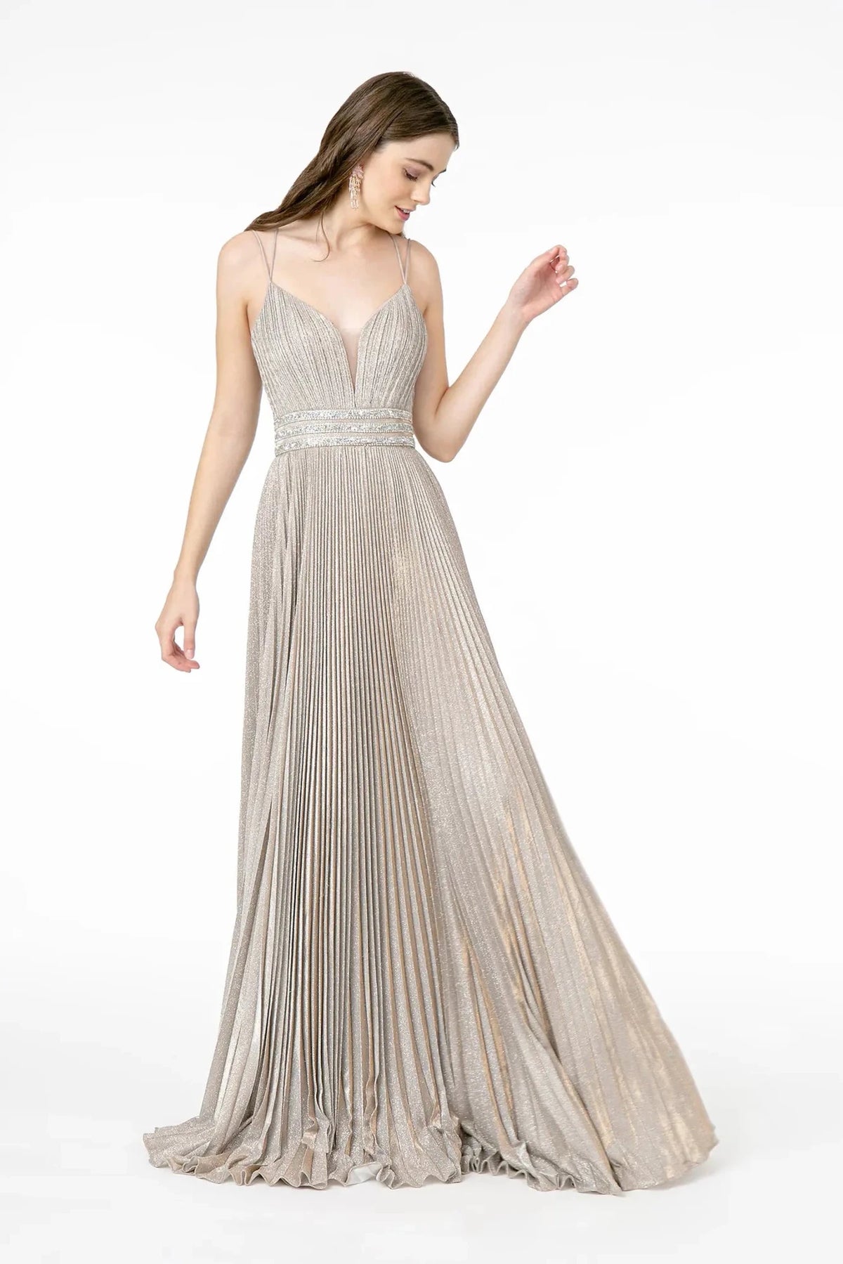 Silver beaded prom evening dress full front
