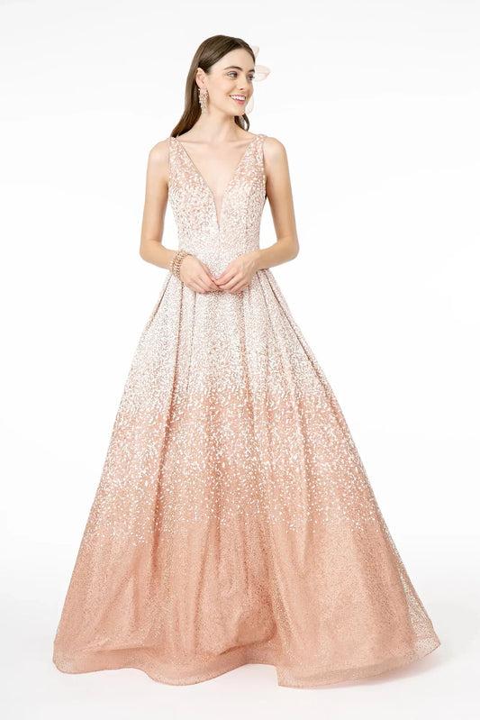 Full-length front view shows glitter styling on the Blush prom evening dress.