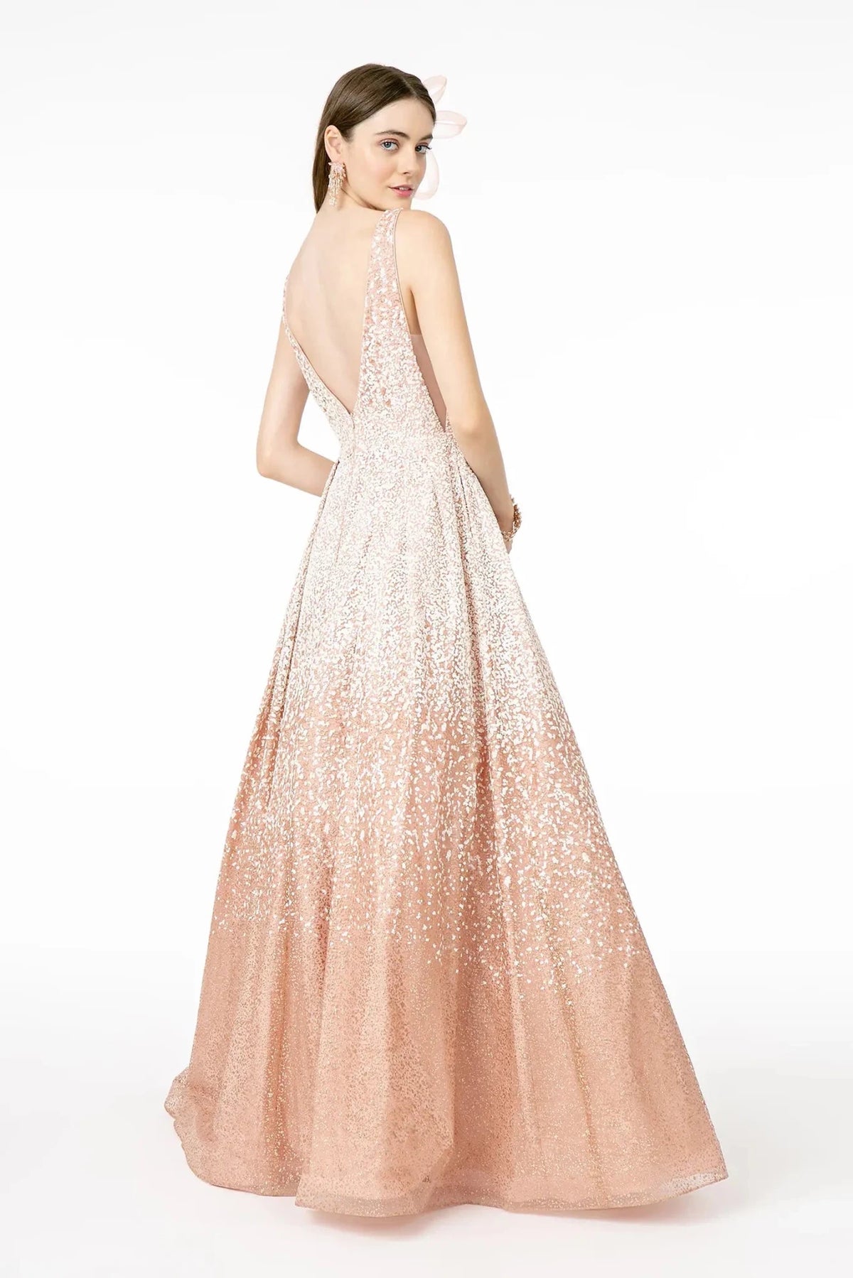 Blush prom evening dress full back with open back