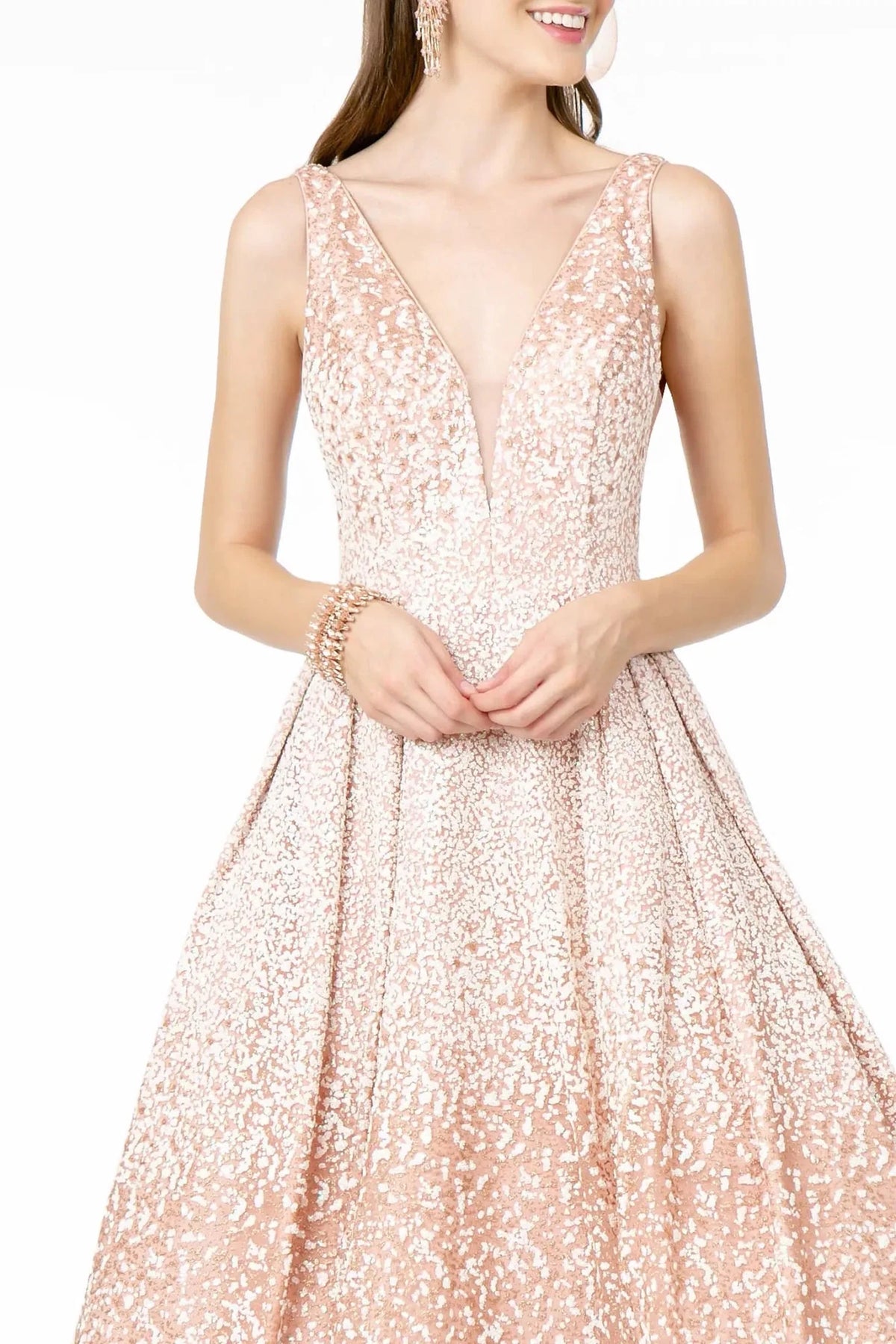 Blush illusion v-neck prom evening dress upper front with glitter
