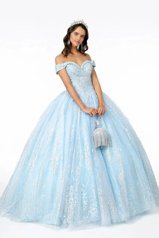 Sweeping Baby Blue quinceañera ball gown is shown in full with an off-shoulder embroidered bodice and floral blue skirt.