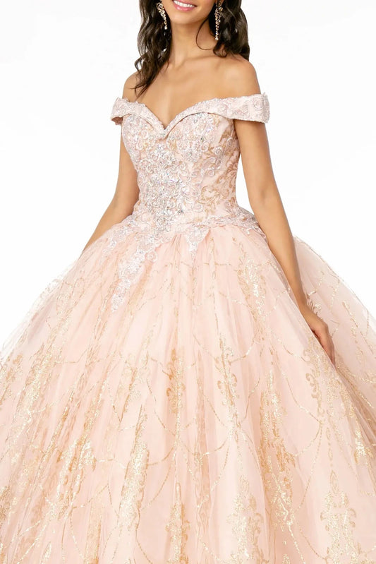 Displayed in full, the Blush quinceañera ball gown features an off-shoulder sweetheart bodice and blush floral skirt.