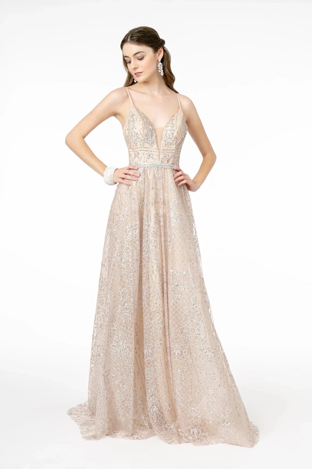 Rose Gold beaded prom evening dress full front
