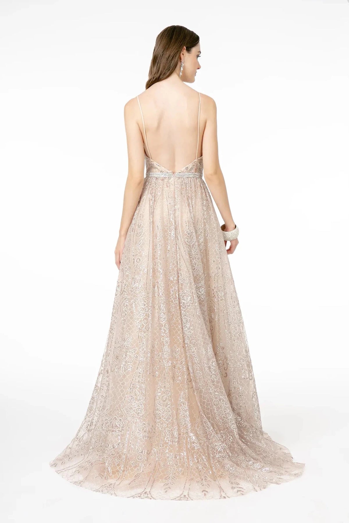 Rose Gold prom evening dress full back with open back