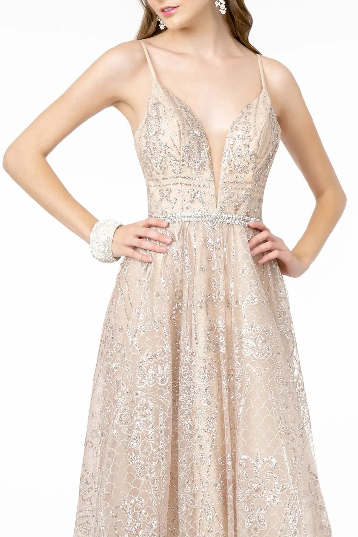 Rose Gold illusion v-neck prom evening dress upper front with glitter, jewel