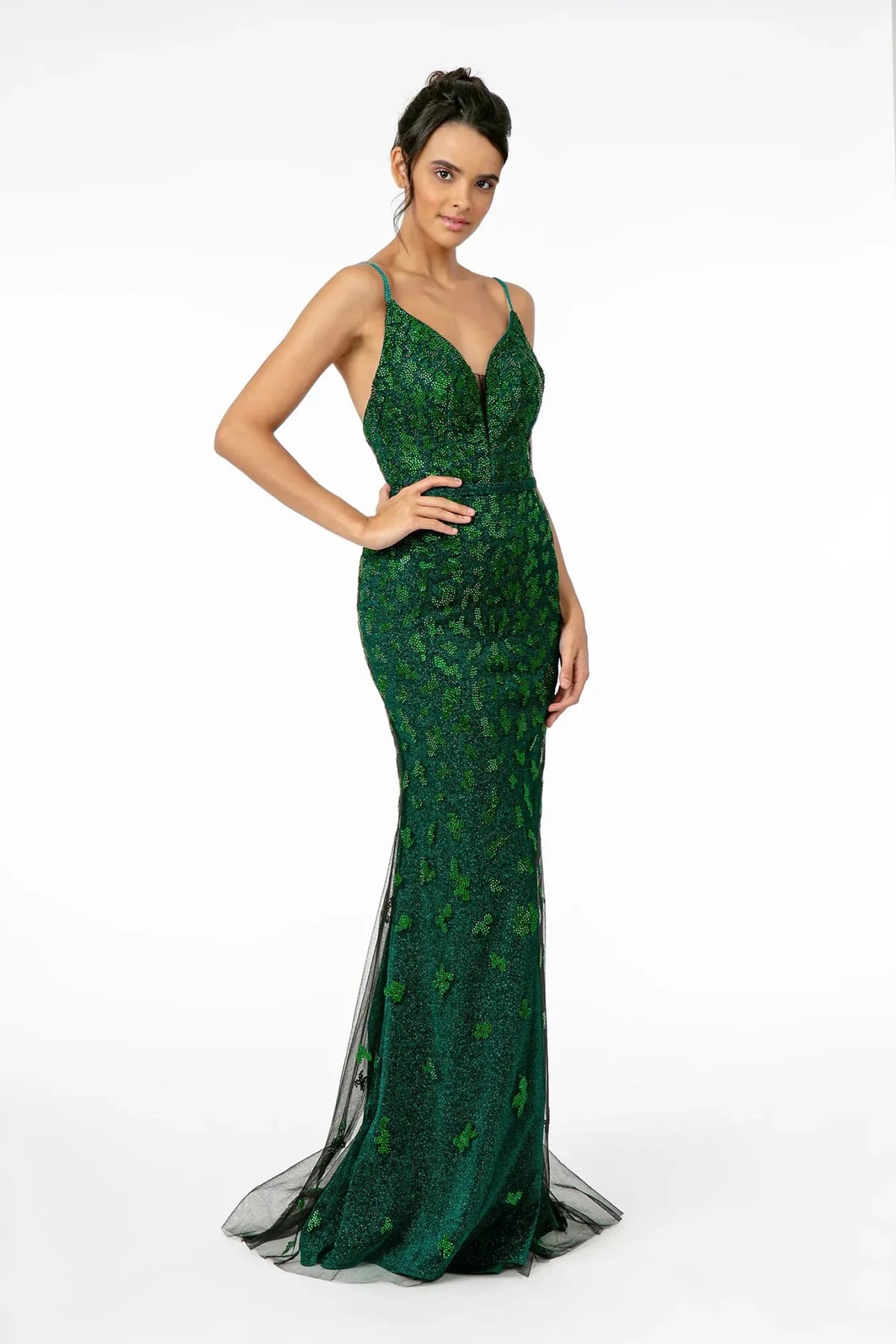 Green glitter prom evening dress full front