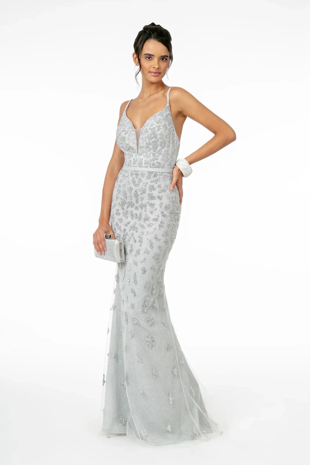 Silver glitter prom evening dress full front