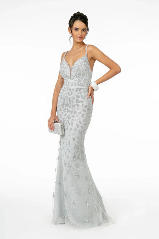 Full-length front view shows glitter styling on the Silver prom evening dress.