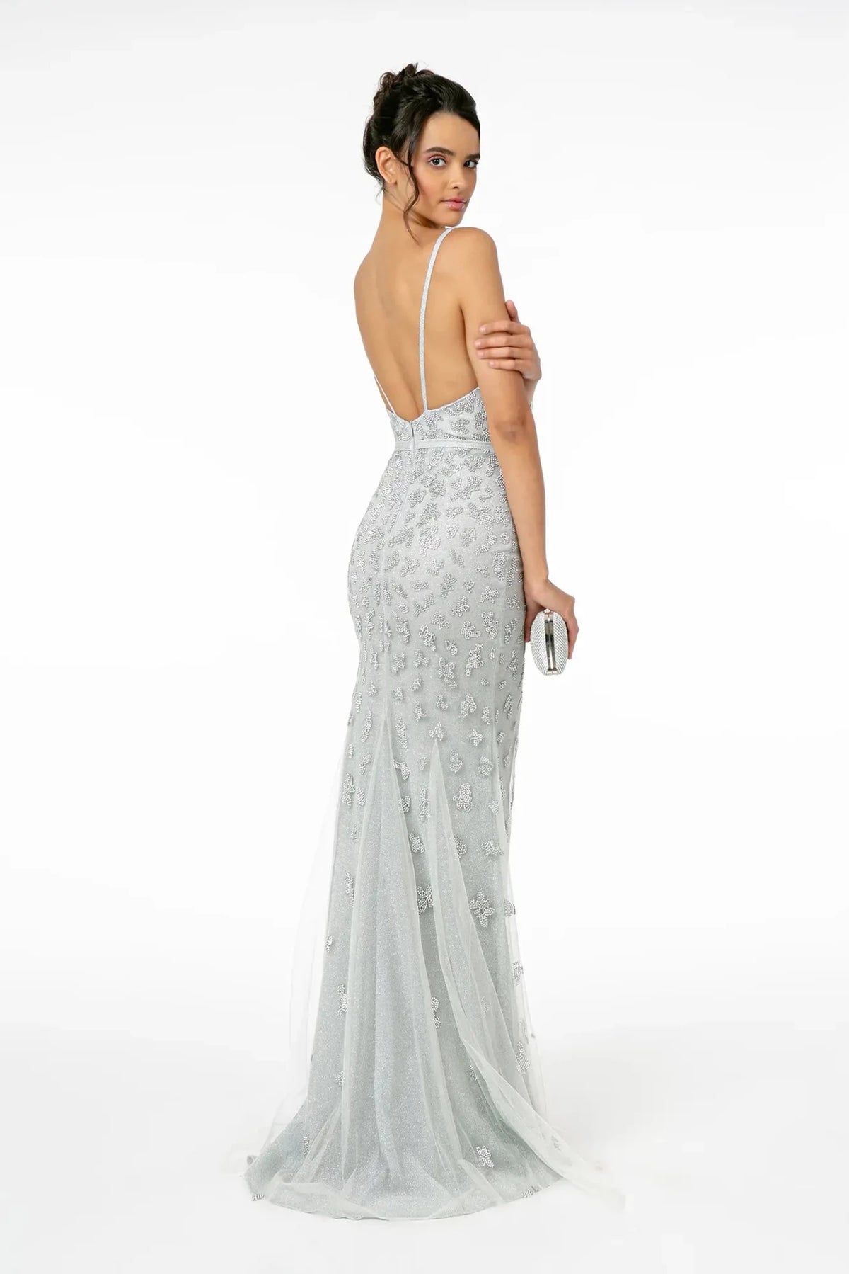 Silver prom evening dress full back with open back