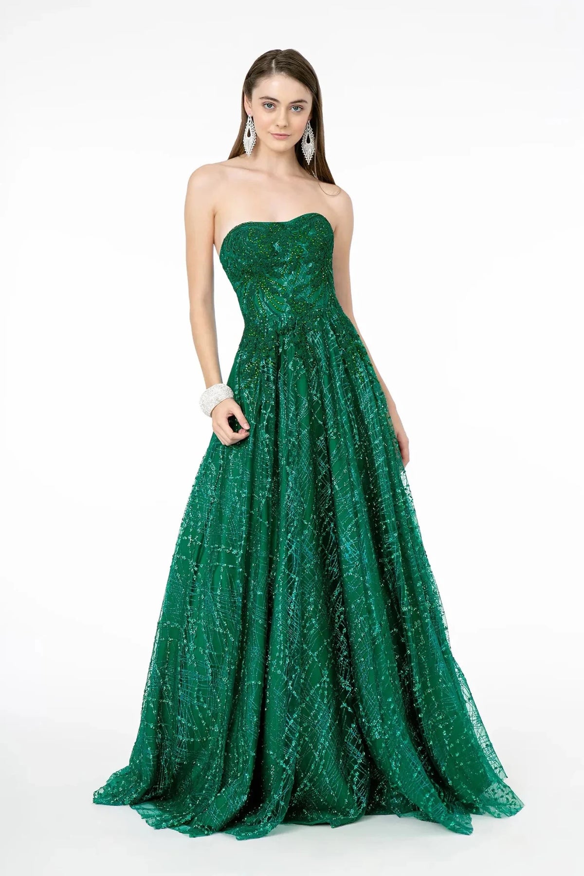 Green glitter prom evening dress full front