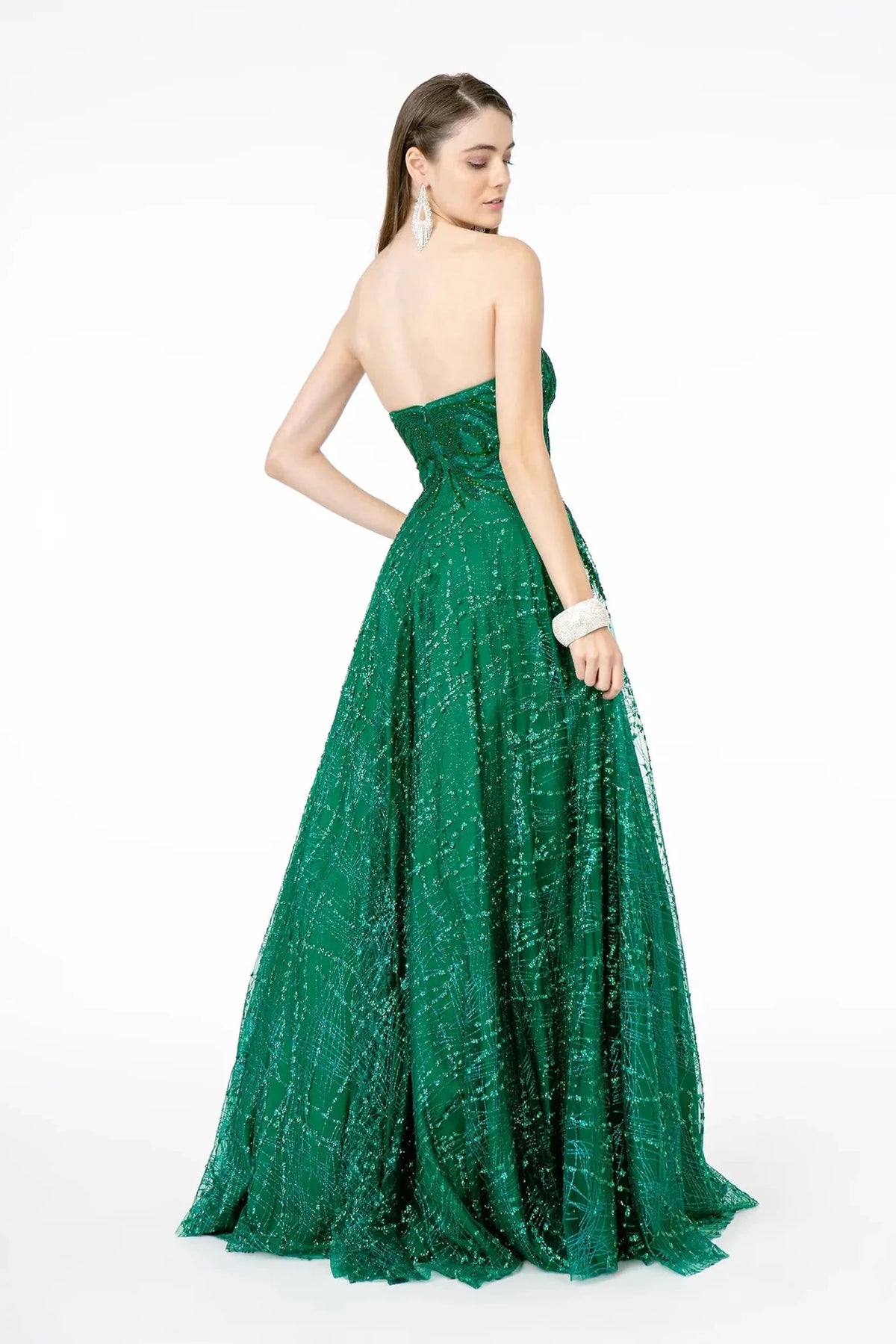 Green prom evening dress full back with open back