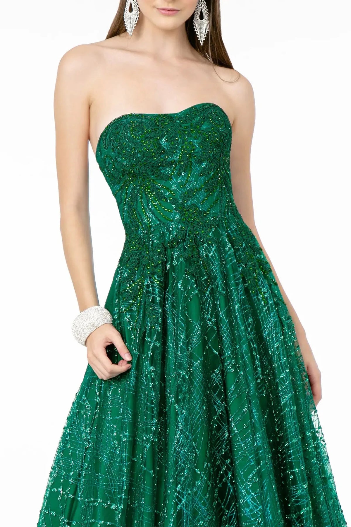 Green sweetheart prom evening dress upper front with glitter