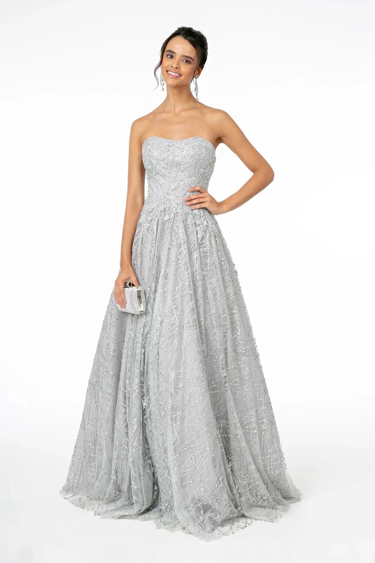 Silver glitter prom evening dress full front