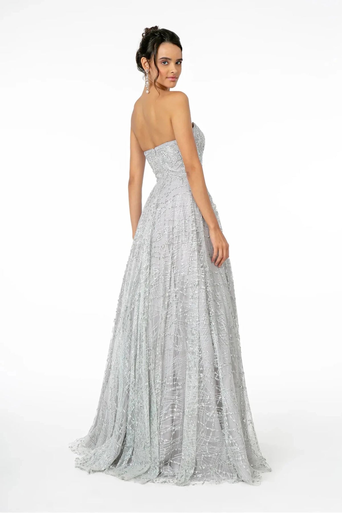 Silver prom evening dress full back with open back