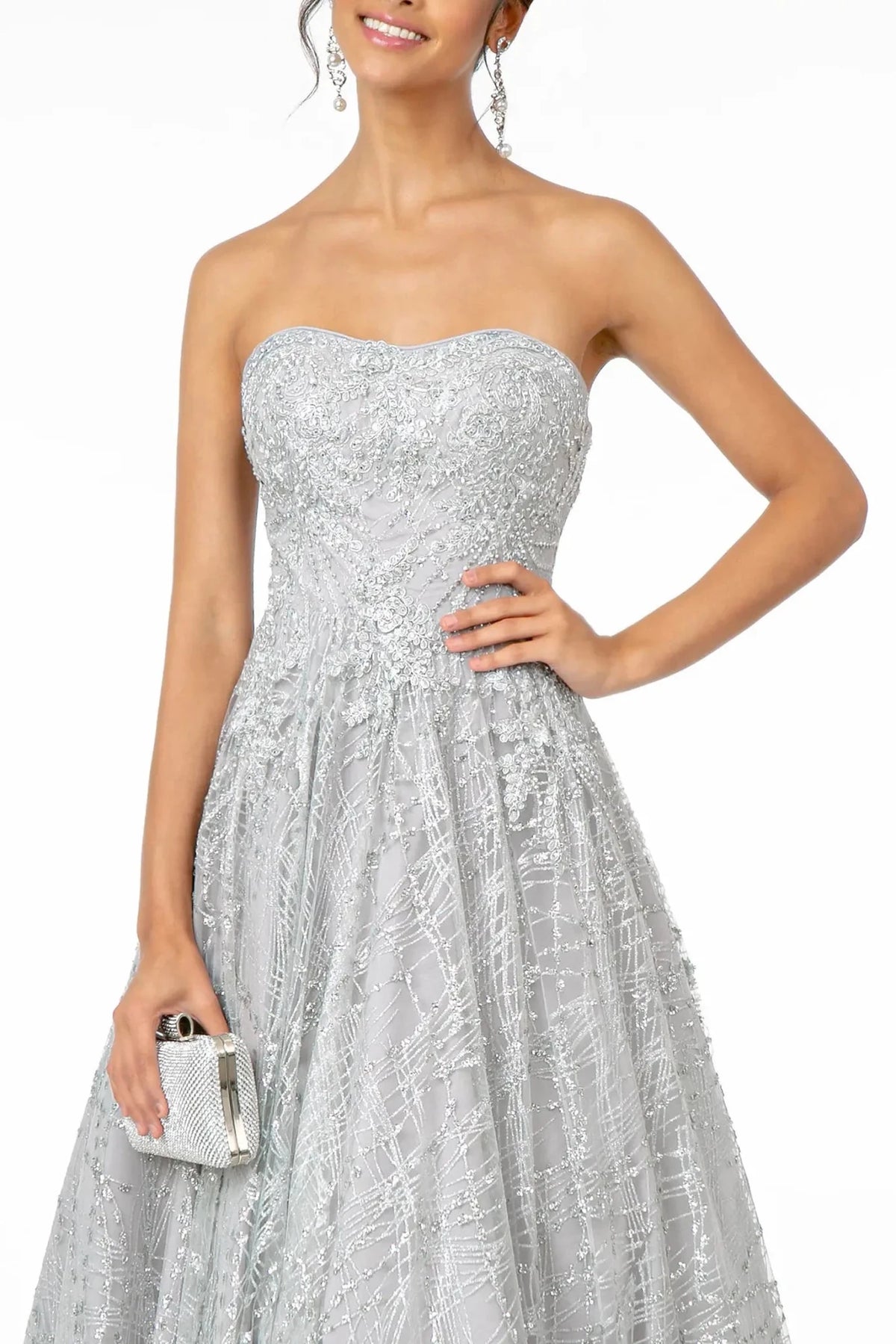 Silver sweetheart prom evening dress upper front with glitter